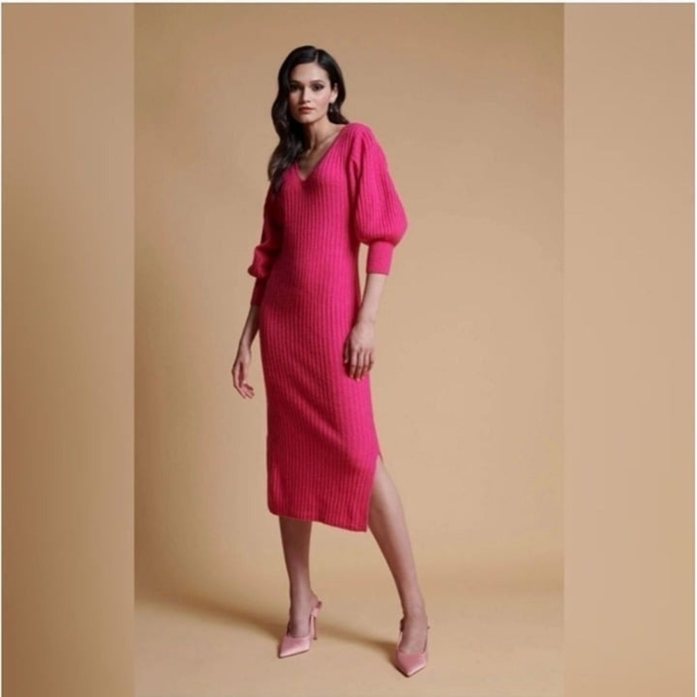 Rachel Parcell Pink Rouge ribbed knit sweater dress sz Large Vneck bubble sleeve